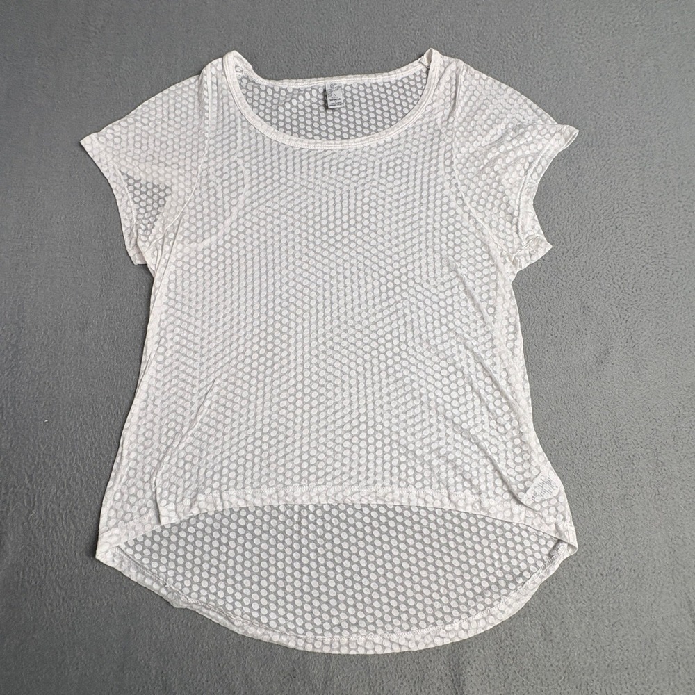 Prana Womens White Burnout Polka Dot High Low Short Sleeve Top Large